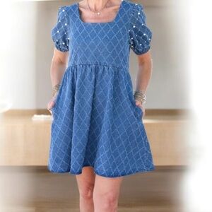 Entro Denim Jean Baby Doll Mini Dress w/Pearls Statement Sleeves L NWT